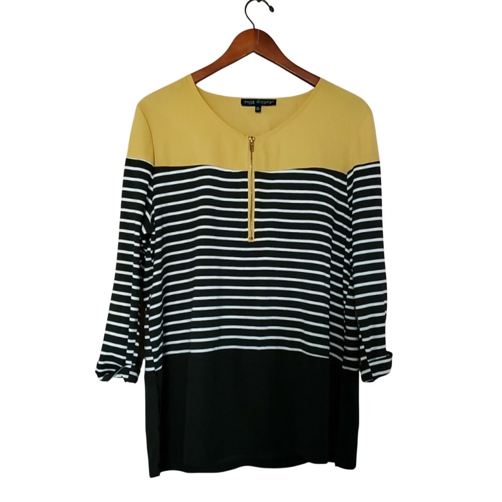 Ashley Blue Blouse Womens Plus 1X Multicolor Stripe 3/4 Sleeve Zip Tunic Top